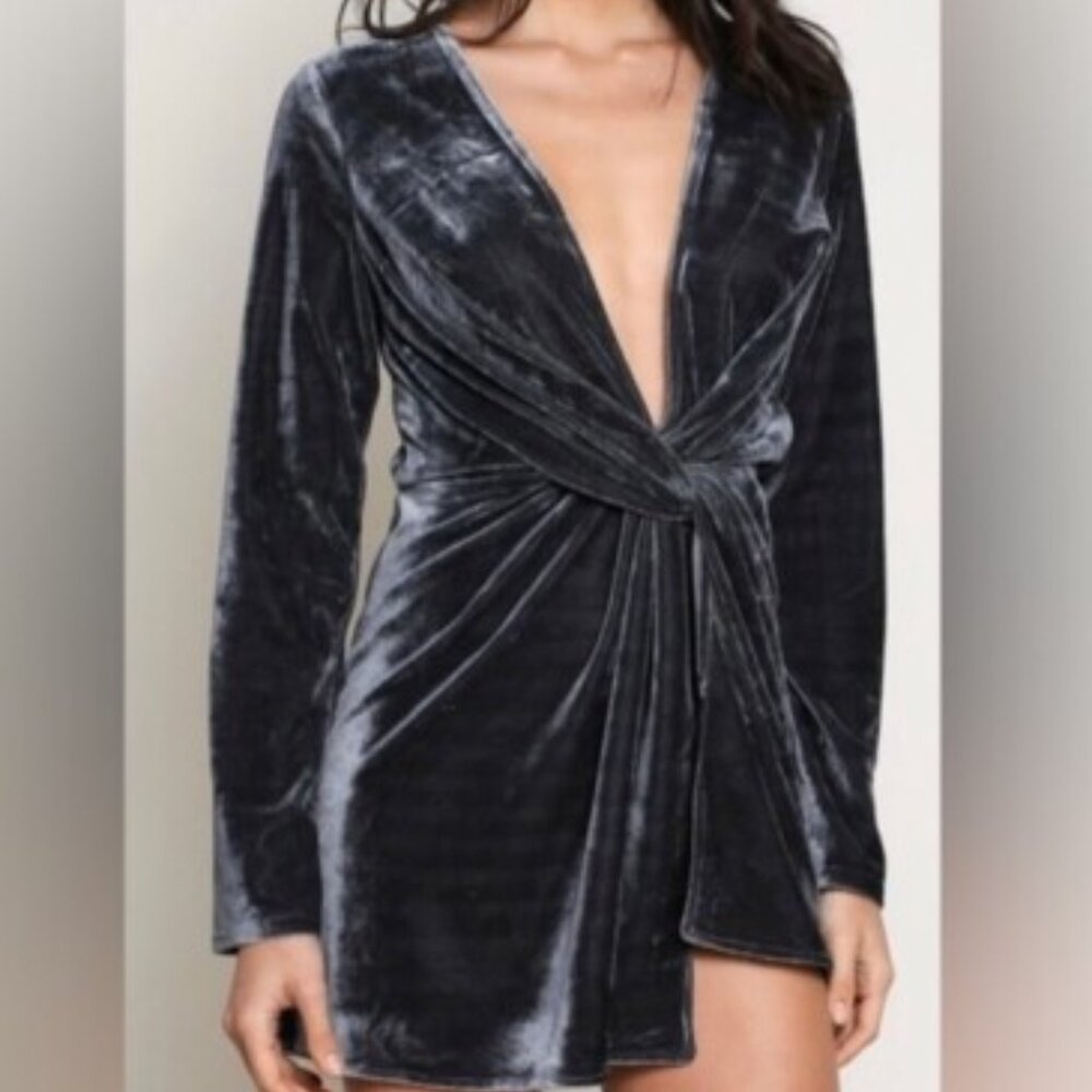 Blue Blush Charcoal/Blue Velvet Twist‑Front Long Sleeve Mini Dress Size M